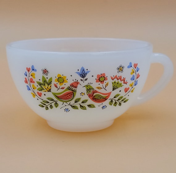 6 Arcopal tempered glass cups, birds of paradise motif, vintage French