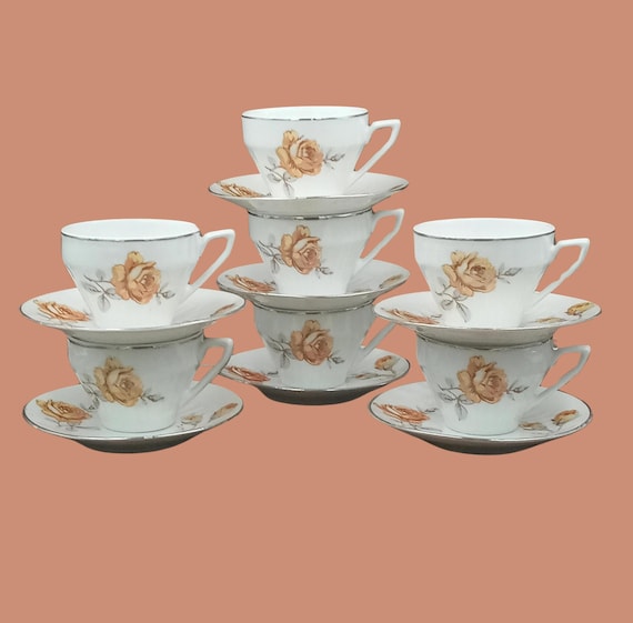 CUPS with SAUCERS French vintage porcelain, orange pink pattern