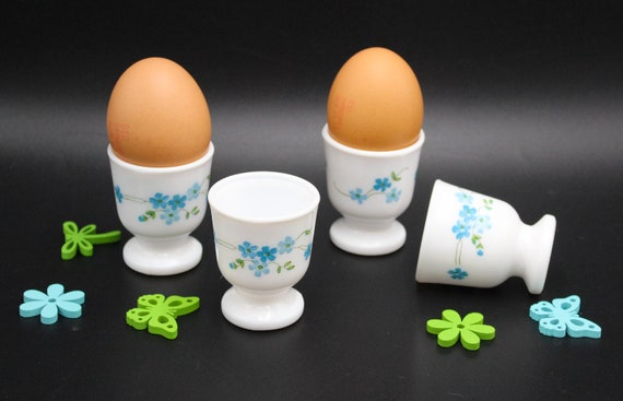4 EGG CUPS Old French VINTAGE, milk glass, opaline glass, veronica