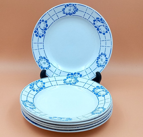 Sarreguemines soup plates, blue and white fruit decor