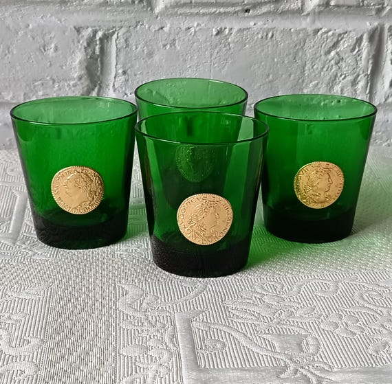 5 green Dubonnet BYRRH glasses with medallion of the kings of France