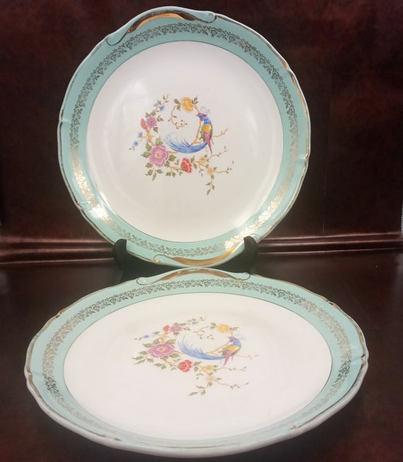 2 ROUND DISHES Céranord Saint-Amand porcelain, Phoenix on a flowering branch