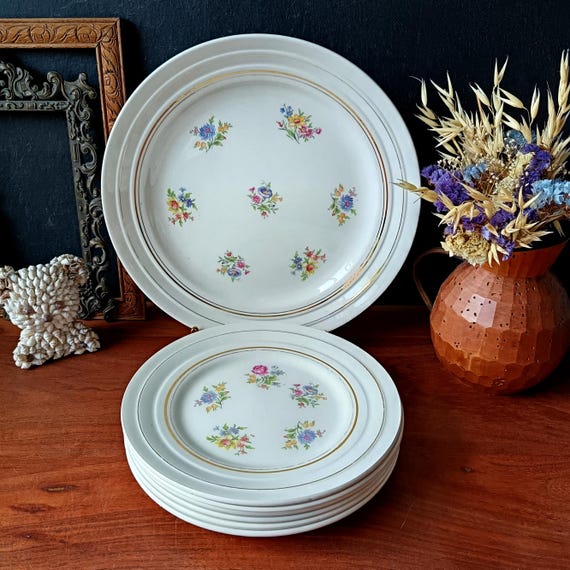 Vintage porcelain dessert platter and 6 dessert plates with multicolored floral pattern, Porcelor Ceranord France