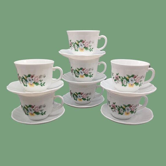 7 large ARCOPAL opaline CUPS and SAUCERS, Hortense pattern, 1980, vintage, opaline