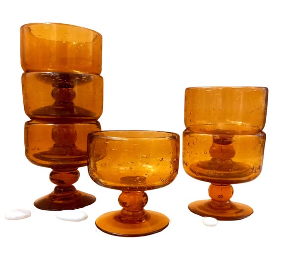 STEMMED BUBBLE AMBER GLASS BOWLS by La Rochère, vintage, French, mouth-blown