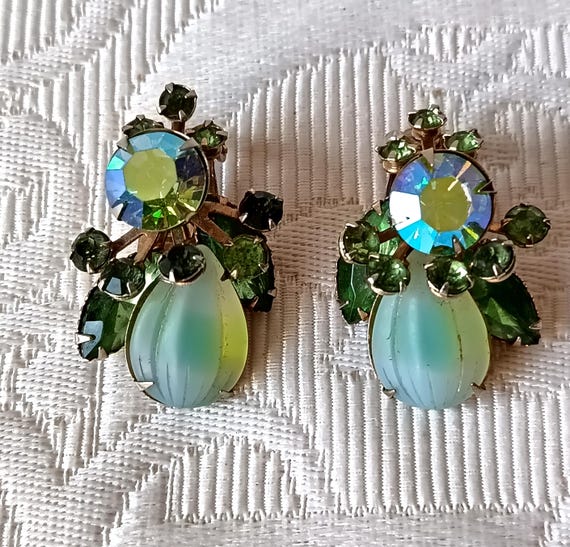 Vintage clip-on earrings with green cabochons and rhinestones
