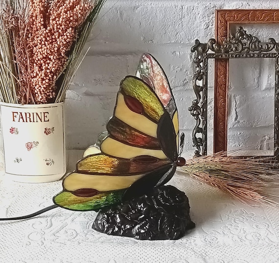 Vintage Tiffany-style bedside lamp, multicolored stained glass butterfly, nightlight, 1980s