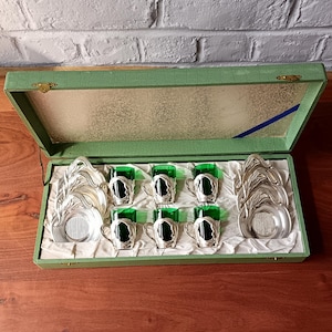 6 Vintage French bottle green liqueur glasses, antique shots, shot glasses