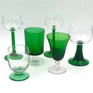 6 mismatched vintage green GLASSES, emerald green white wine glass