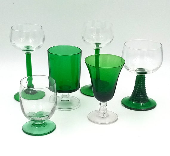 6 mismatched vintage green GLASSES, emerald green white wine glass
