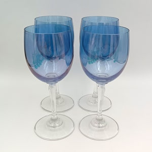 4 pretty vintage blue glass stemmed glasses, wine glass