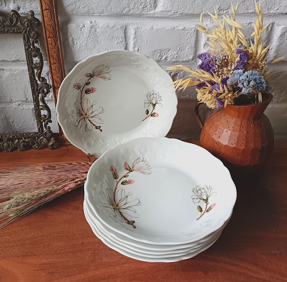 6 vintage porcelain soup plates with embossed floral motifs, Sologne porcelain