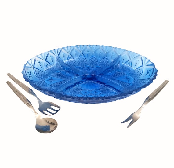 Beautiful oval blue DISH with 4 compartments in vintage pressed glass and 3 cutlery
