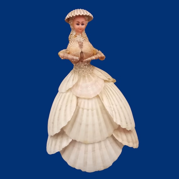 Antique seashell FIGURINE, French seashell art coastal souvenir, vintage doll, kitsch