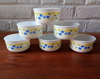 6 Arcopal Vintage Yellow Blue Ramekins