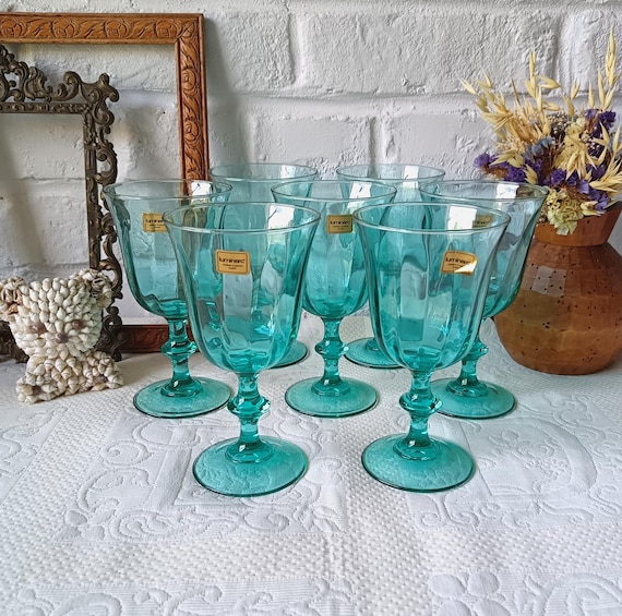 7 Luminarc vintage turquoise glasses, France