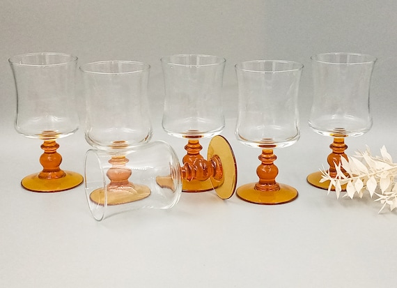 6 vintage glasses, clear glass and amber stem, Antique Luminarc number 4
