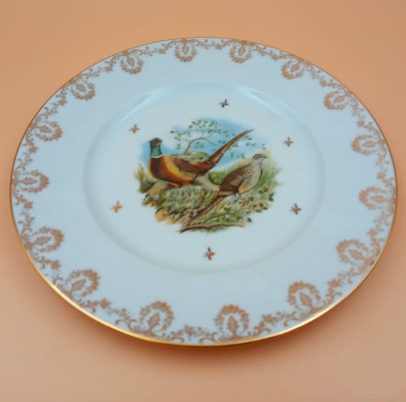 6 vintage flat plates with game decor, Limoges porcelain LP France