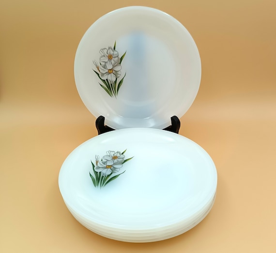 6 Luminarc French opaline dessert PLATES with daffodil motif, 1960s