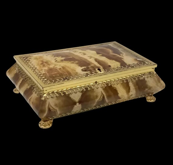 BOX in gold metal, vintage brown marble imitation box, France, bouquet of gold
