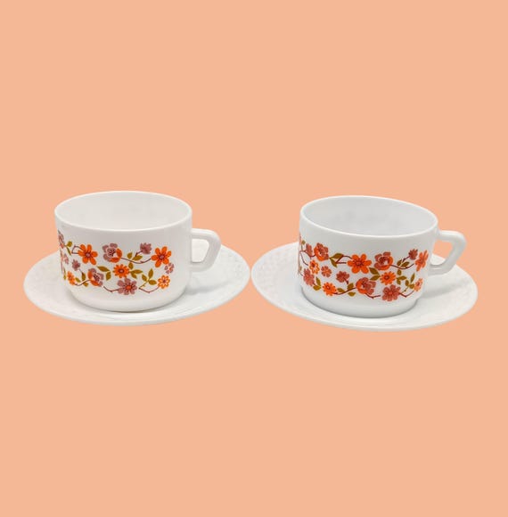 2 large Arcopal French opaline cups with red rose pattern, with saucer