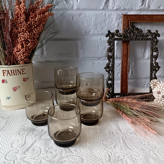 6 Arcoroc France Tivoli water glasses, 1980s vintage smoked glass
