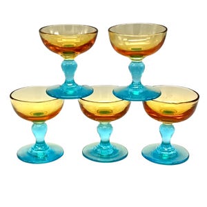 5 Superb old yellow liqueur GLASSES on turquoise foot, Georges Sand Portieux vintage