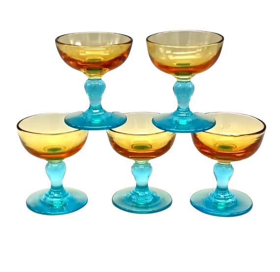 5 Superb old yellow liqueur GLASSES on turquoise foot, Georges Sand Portieux vintage