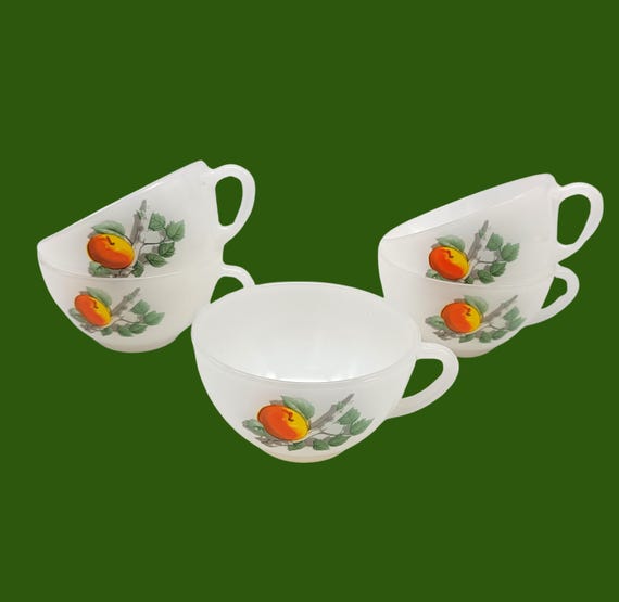 Set of 5 Arcopal tempered glass CUPS, apple on branch motif, vintage French