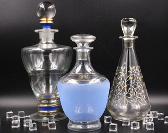 Superbe CARAFE en verre grande taille. Pichet vintage. Décanteur. Cruche de style art déco. Carafe à vin. Décor bleu et or. Vintage Français