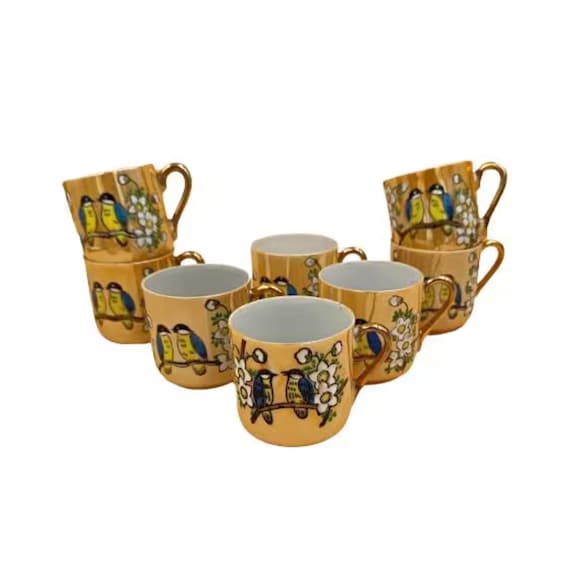 8 Vintage Fine China Bird Pattern Coffee Cups, Made in Asia Circa 1960
