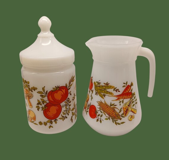 Arcopal white JAR and JAR set with vegetable pattern, vintage opaline pitcher, 70's coffee maker