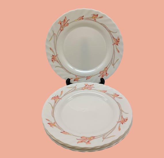 6 Arcopal France opaline flat PLATES, cream color with pink iris pattern