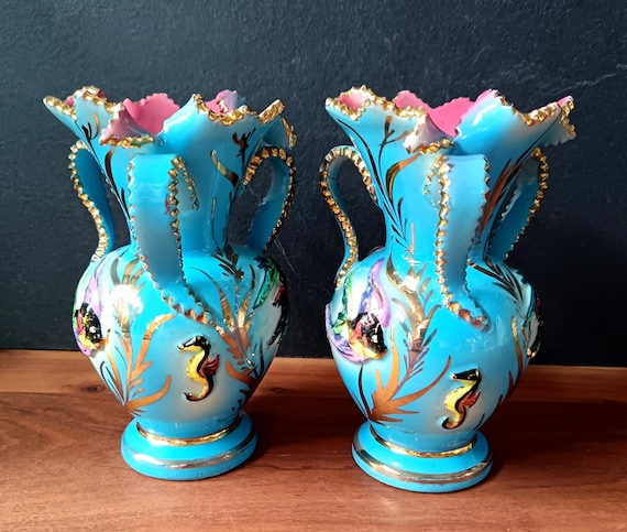 Pair of vintage blue pink ceramic VASES Ceroc Monaco