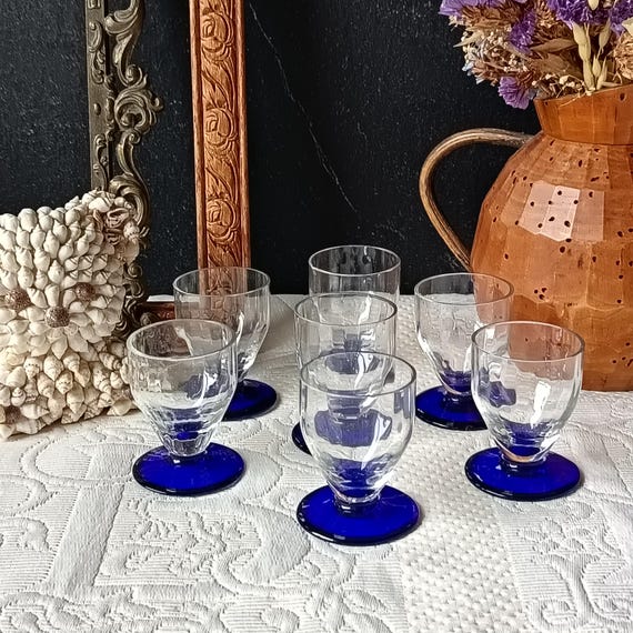 7 Vintage French Pink Black-Footed Liqueur Glasses