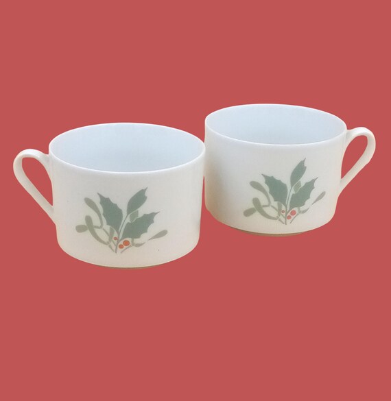 2 large ALPAC porcelain cups with mistletoe and holly decor, made in France, vintage