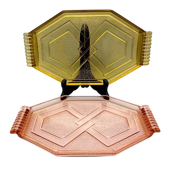 Small TRAY in molded glass Yellow pink art deco, vintage France