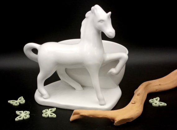 Plain white CACHE POT with unicorn decor, empty pocket French vintage decoration medium size