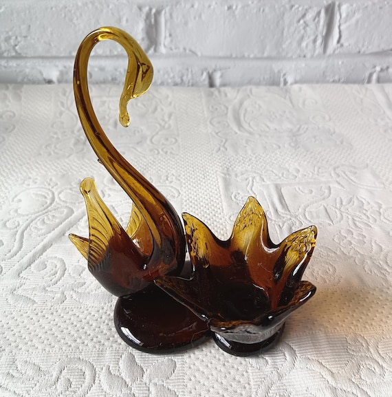 Vintage caramel blown glass figurine, handmade glass swan