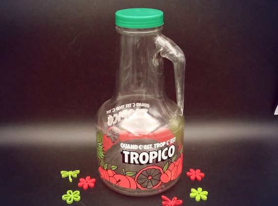 PICHET en verre vintage, Broc publicitaire TROPICO couvercle vert