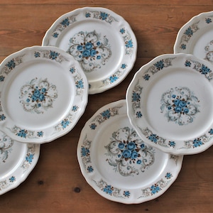 6 porcelain dessert PLATES with blue and gray rose pattern, Orchies Moulin des Loups tableware