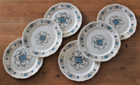 6 porcelain dessert PLATES with blue and gray rose pattern, Orchies Moulin des Loups tableware