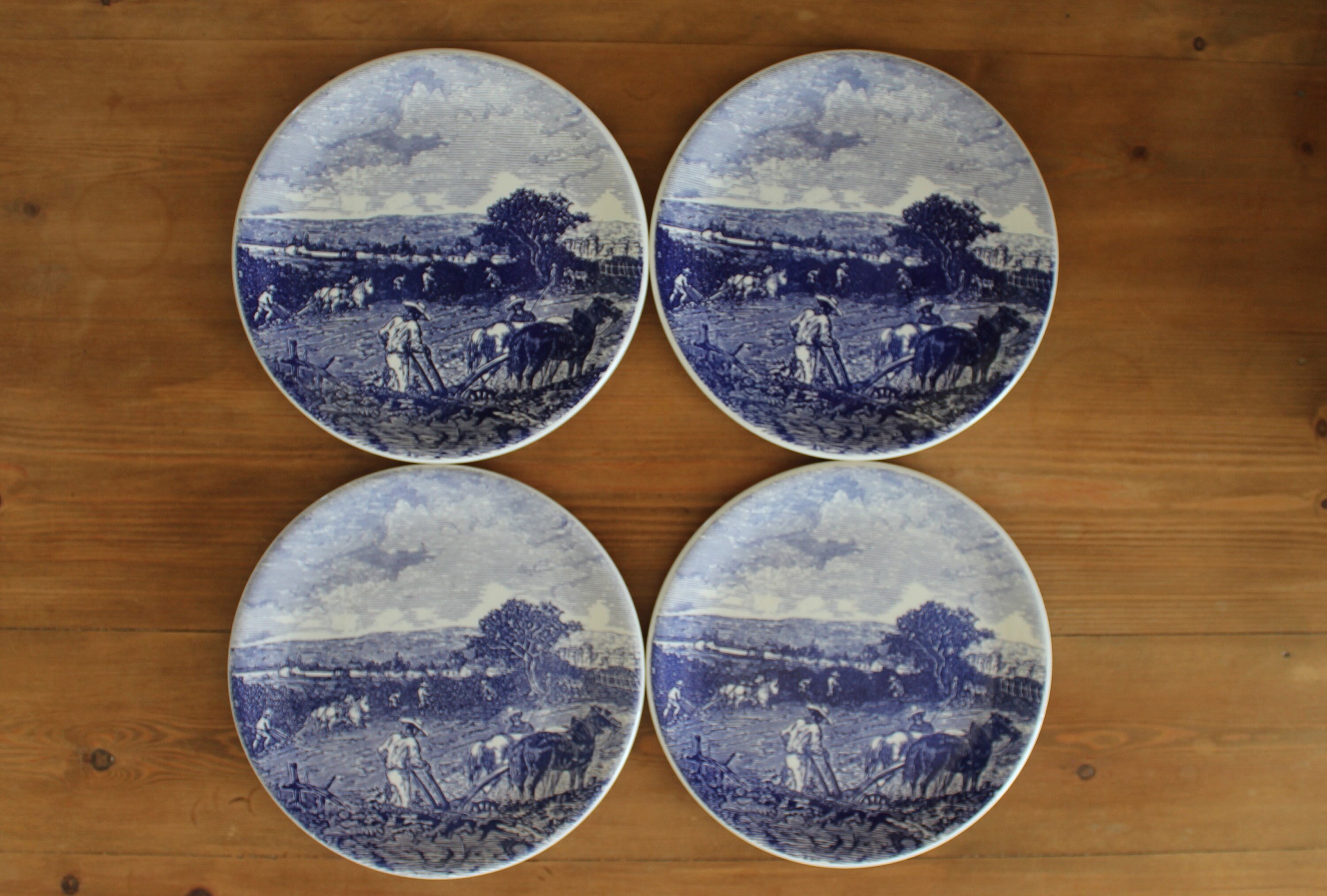 4 Assiettes Plates Vintage Porcelaine Anglaise Crm Décor Blanc Bleu