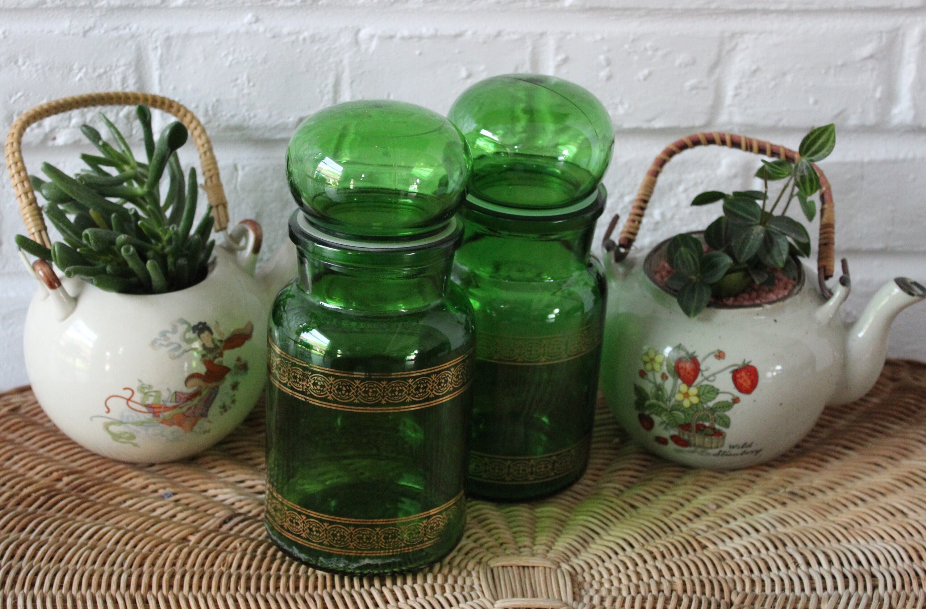 Duo of Vintage green glass JARS, apothecary jars with bubble lid and gold decoration made in Belgium