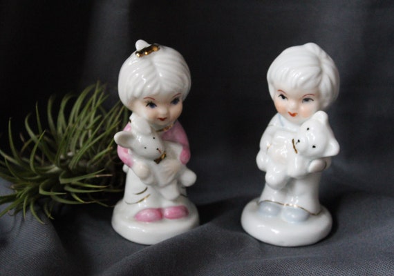 Couple of vintage ceramic FIGURINES, boy and girl, blue pink white, porcelain