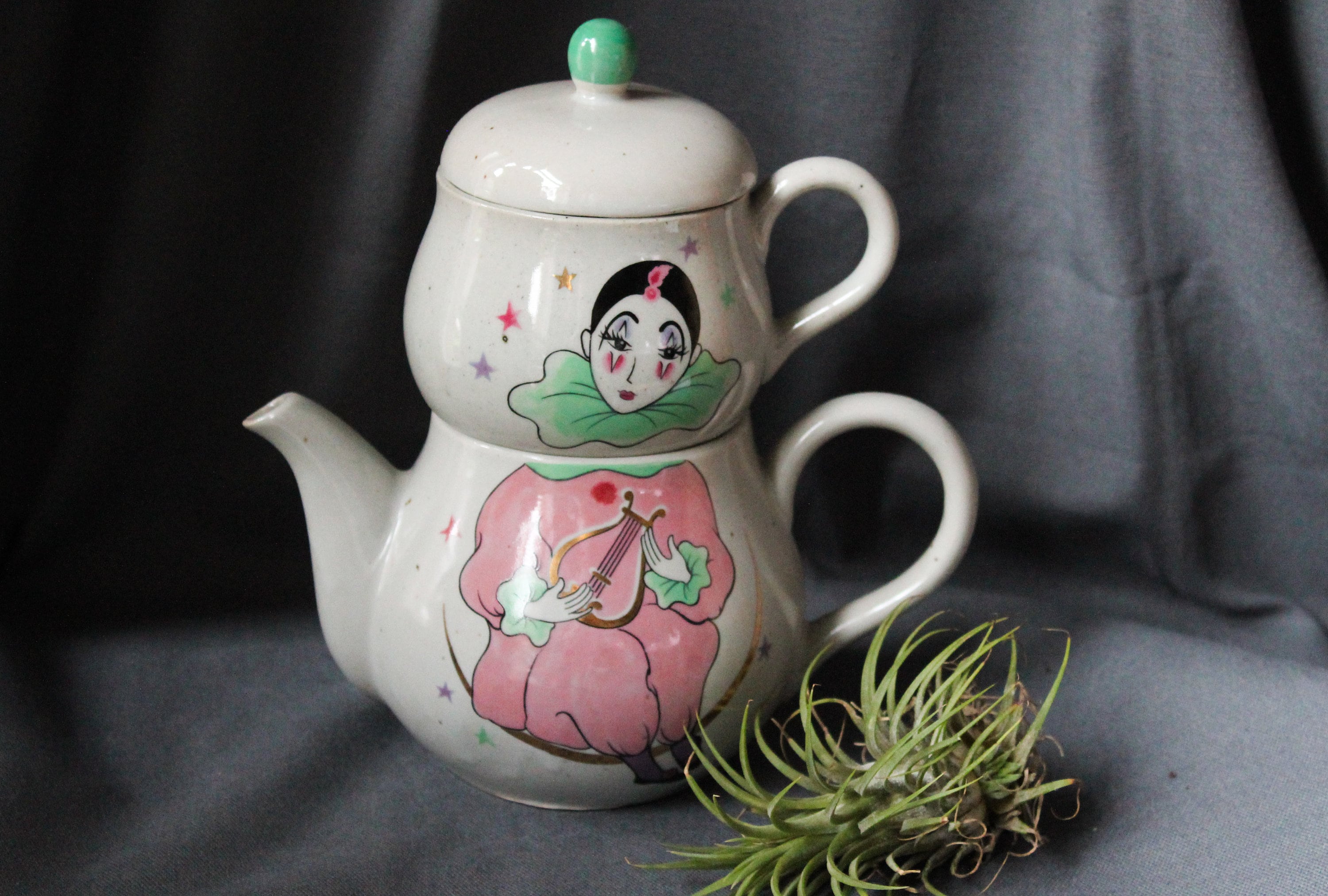 Théière et Tasse en Grès Décor Colombine, Joli Ensemble à Thé Des Années 80