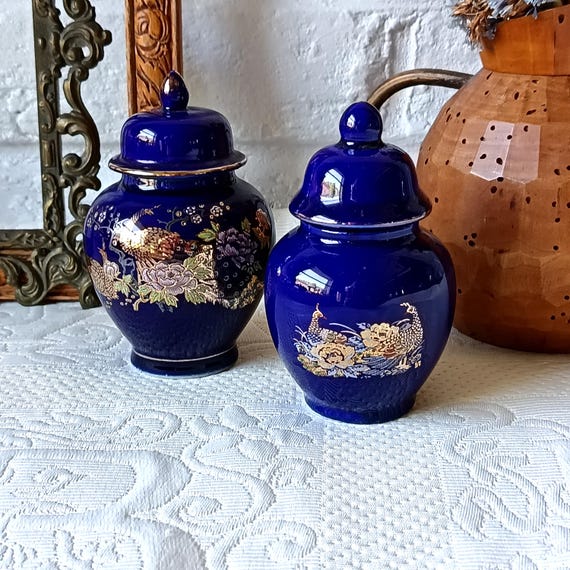 Pair of small cobalt blue ginger jars with lids