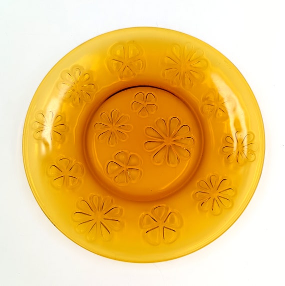 10 VERECO vintage amber tempered glass dessert plates, flower pattern