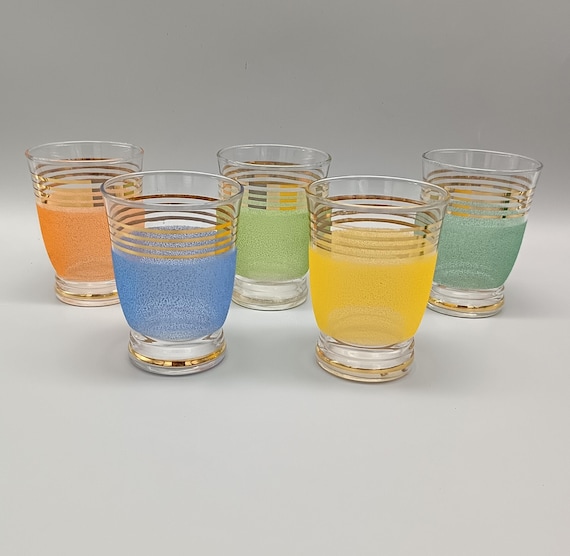 5 pretty multicolored frosted GLASSES with gold edges, vintage France 1950s