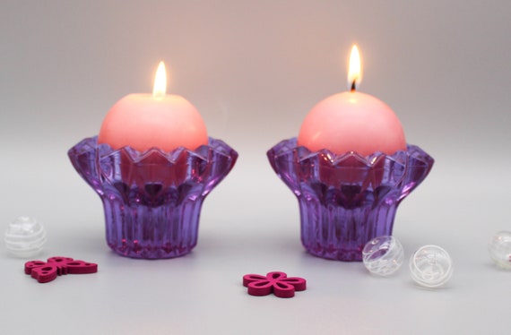 CANDLE HOLDERS Cristal d'Arques lilac/purple, made in France vintage 80's